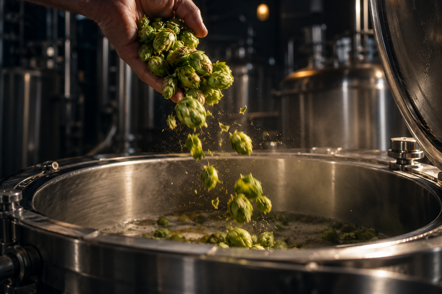 Hand die verse groene hopbellen in een roestvrijstalen brouwketel laat vallen