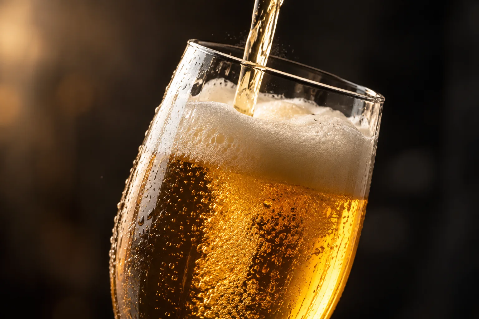 Goudgeel bier dat van bovenaf in een schuingehouden glas wordt geschonken, met een romige witte schuimkraag en opstijgende belletjes