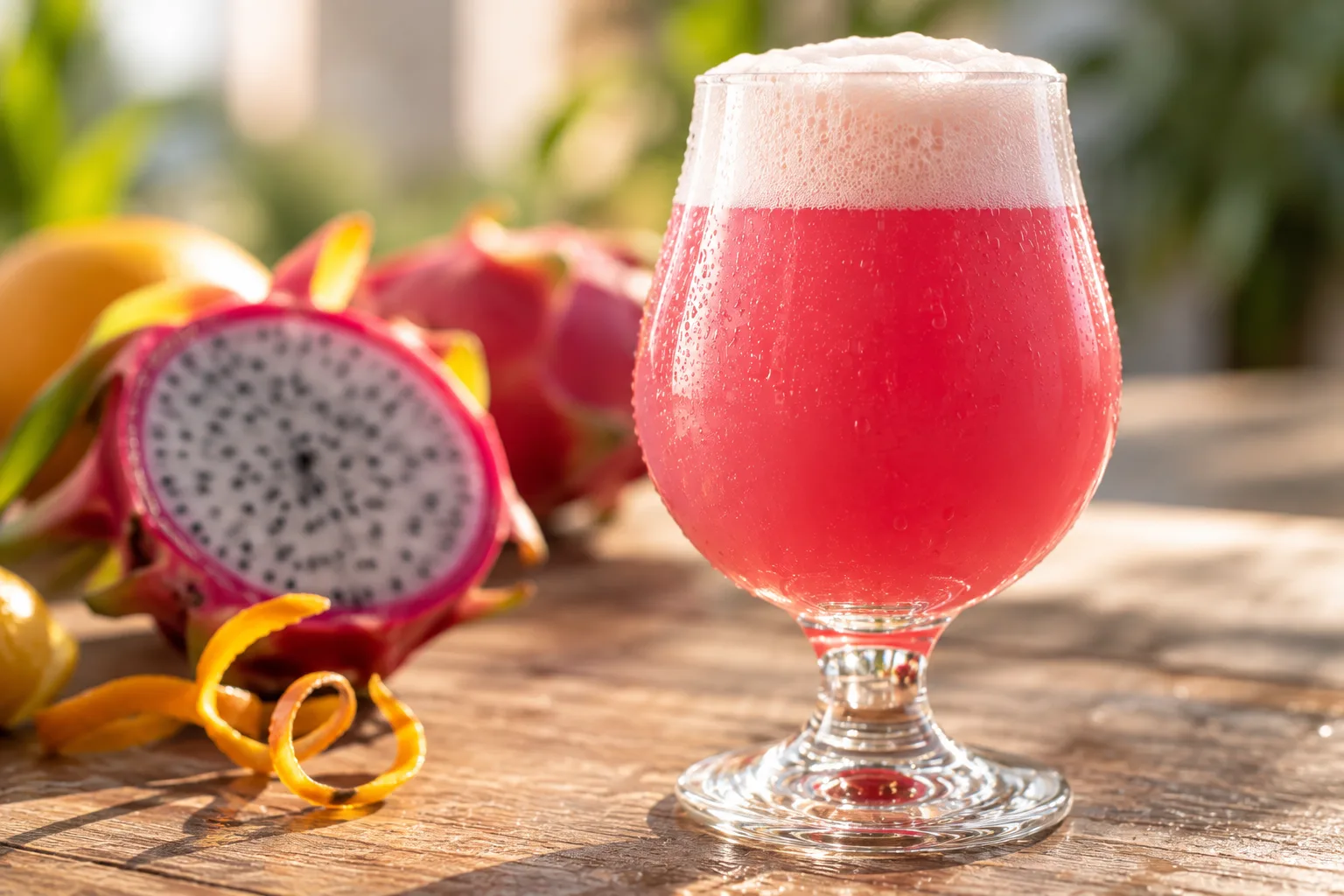 Kelkglas met helderroze, licht troebel bier en een witte schuimkraag, naast een doorgesneden drakenfruit en een krul citrusschil