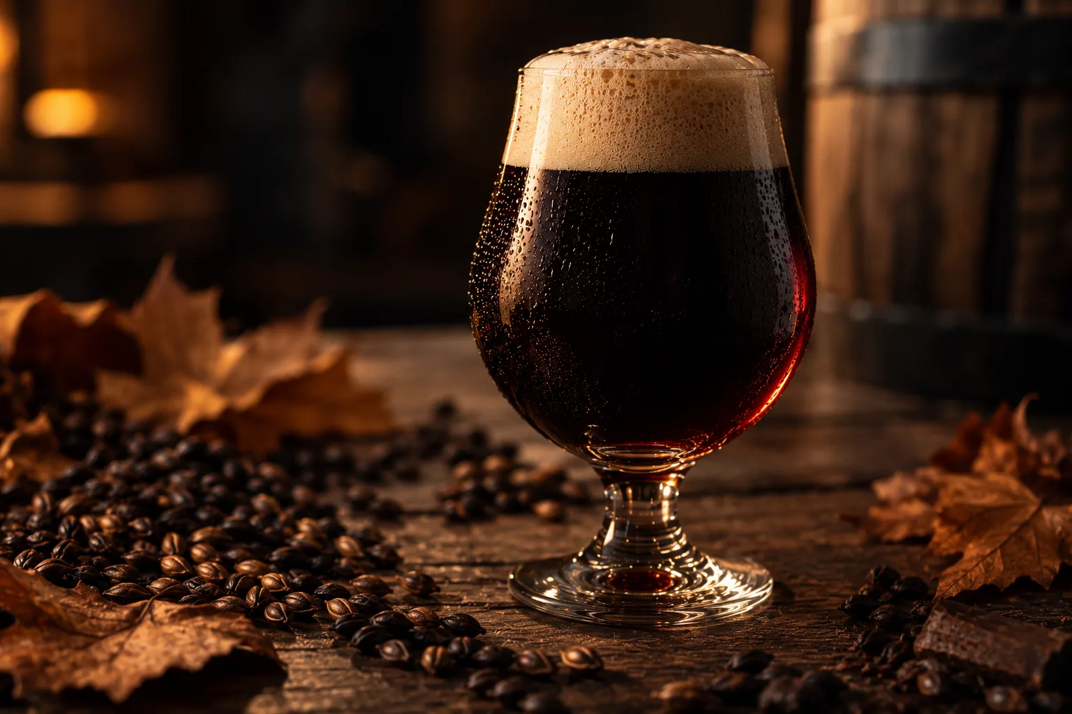 Bolglas met bijna ondoorzichtig donkerbruin bockbier en een dikke beige schuimkraag, tussen donkere moutkorrels en droge herfstbladeren