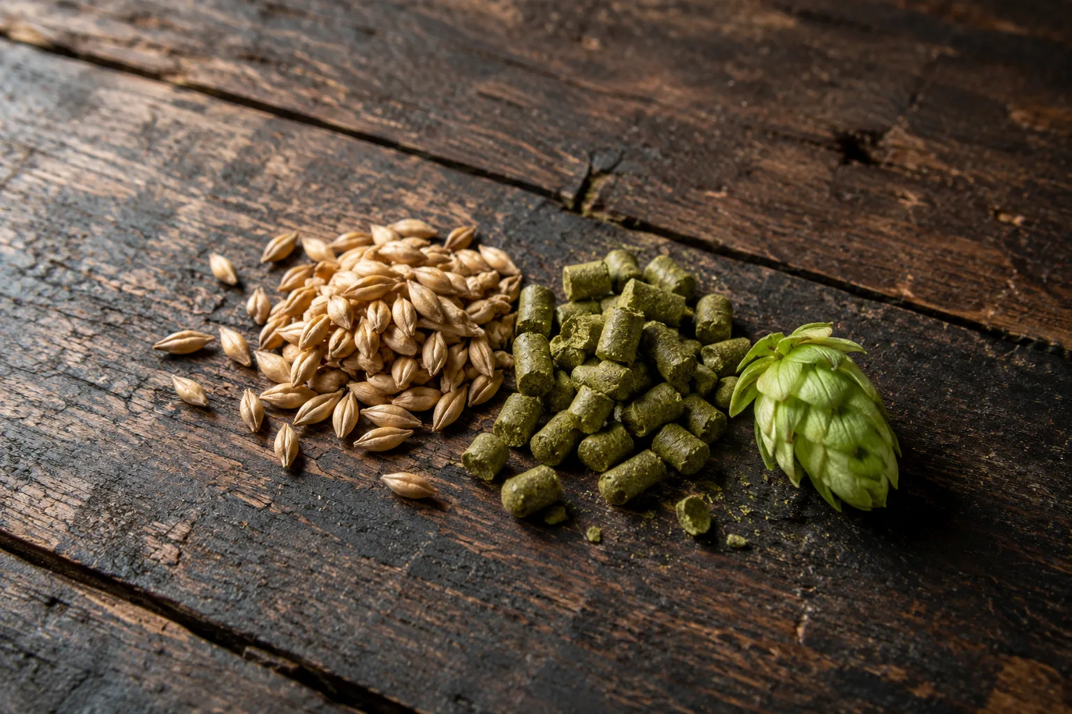 Een hoopje bleke moutkorrels naast een hoopje groene hoppellets en één verse hopbel op donker verweerd hout
