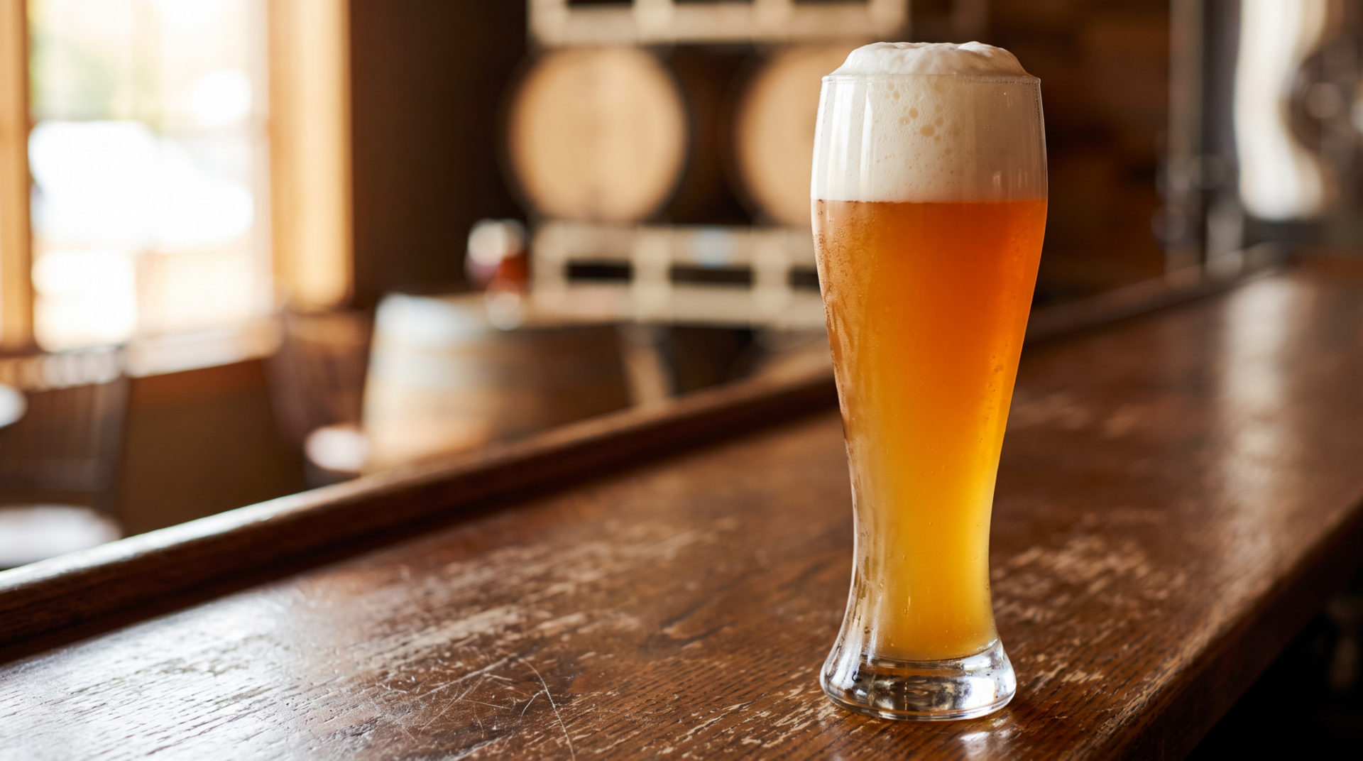 Hoog weizenglas met goudgeel tarwebier en een dikke, romige schuimkraag op een houten bar